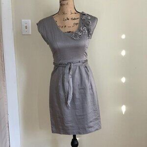 Ann Taylor Loft grey belted polka dot dress sleeveless sequin embellishment
